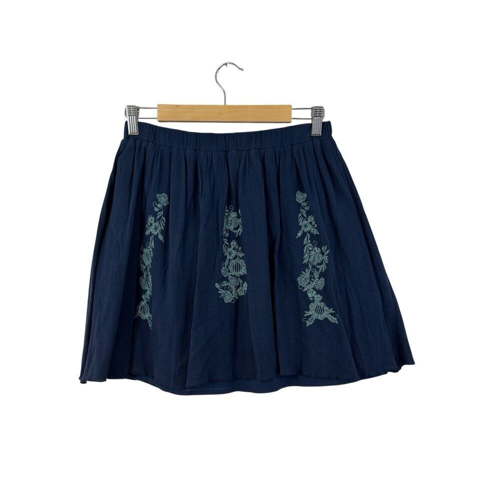 Garnet Hill Small Mini Skirt Embroidered Navy Blue A-Line Cotton Womens